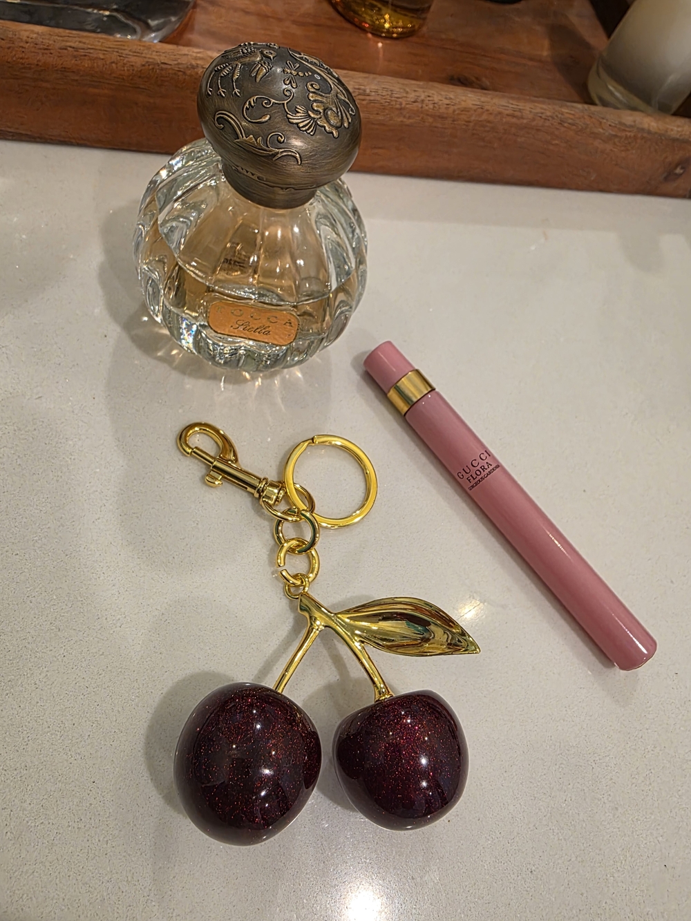 Gucci Pink Travel Spray Perfume & Dark Cherry Keychain Set